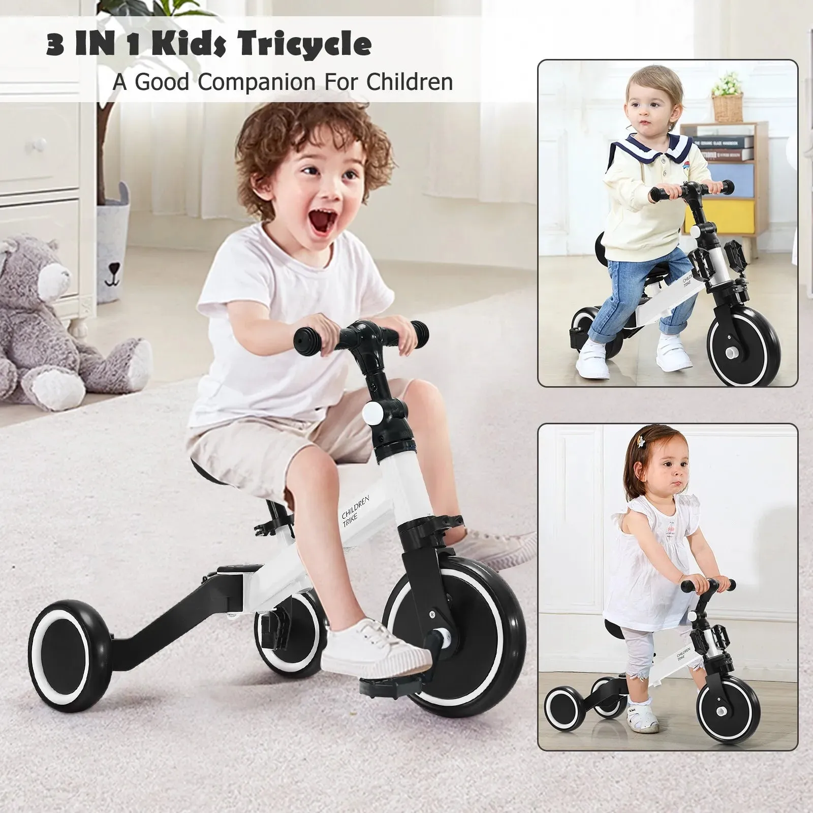 3-in-1 Kids Baby Walker, Tricycle & Balance Bike | 3 Wheel Bike Trike | Removable Pedals | White | 1-4 Years