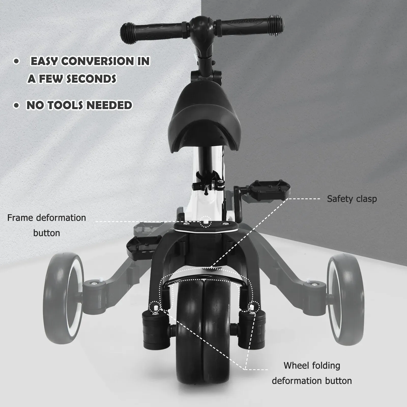 3-in-1 Kids Baby Walker, Tricycle & Balance Bike | 3 Wheel Bike Trike | Removable Pedals | White | 1-4 Years