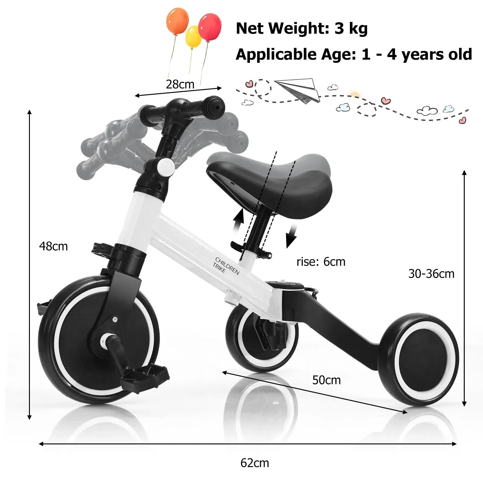 3-in-1 Kids Baby Walker, Tricycle & Balance Bike | 3 Wheel Bike Trike | Removable Pedals | White | 1-4 Years
