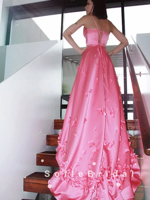 A-Line V-Neck Spaghetti Straps Pink Long Prom Dresses With Flowers,SFPD0058