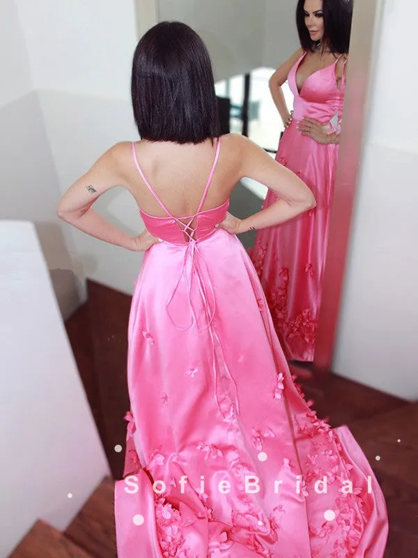 A-Line V-Neck Spaghetti Straps Pink Long Prom Dresses With Flowers,SFPD0058