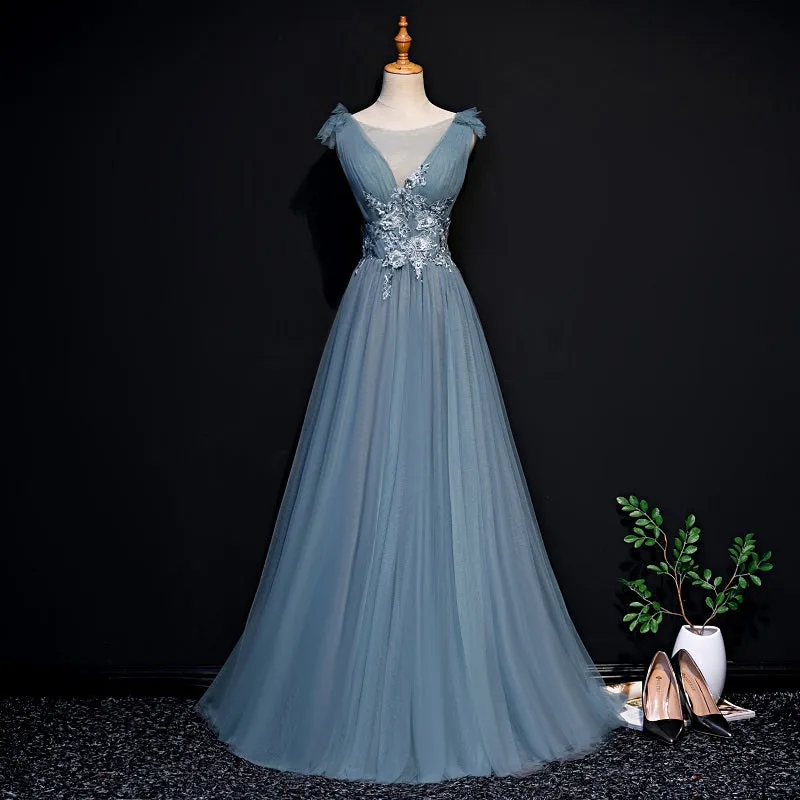 Beautiful Blue Tulle Long Party Dress, A-line Prom Dress with Lace Applique