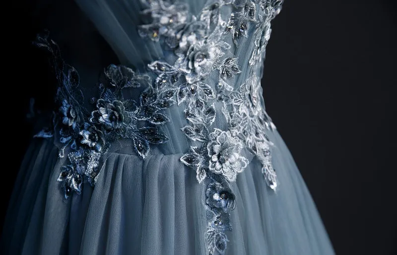 Beautiful Blue Tulle Long Party Dress, A-line Prom Dress with Lace Applique