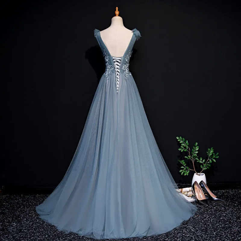 Beautiful Blue Tulle Long Party Dress, A-line Prom Dress with Lace Applique