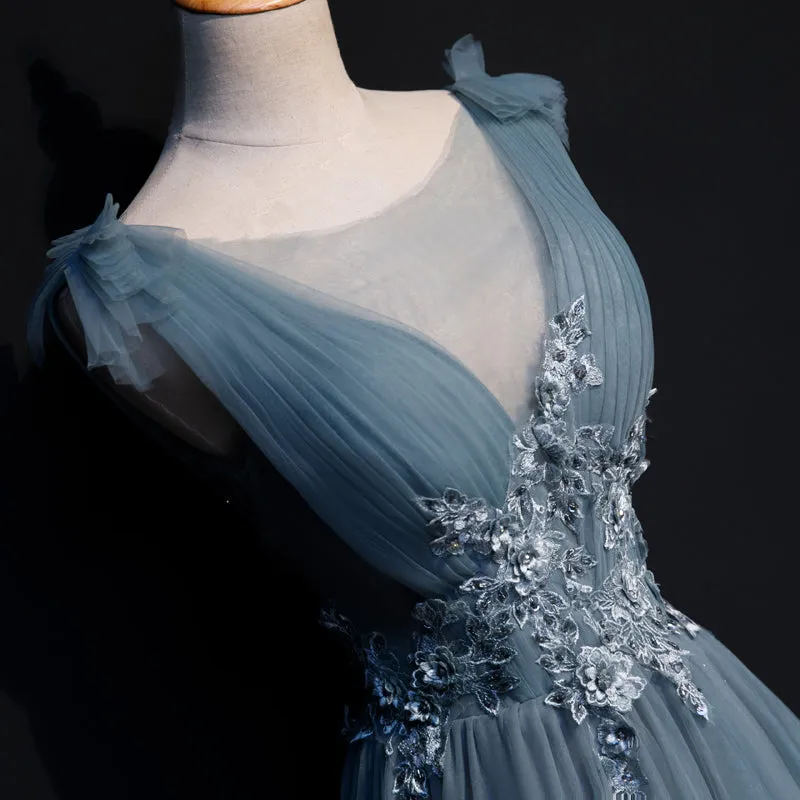 Beautiful Blue Tulle Long Party Dress, A-line Prom Dress with Lace Applique