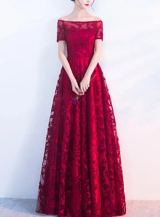 Beautiful Dark Red Lace A-line Long Bridesmaid Dress, Prom Dress 2020
