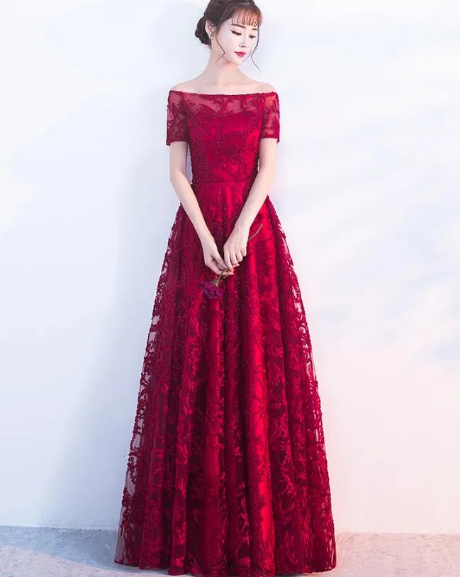 Beautiful Dark Red Lace A-line Long Bridesmaid Dress, Prom Dress 2020