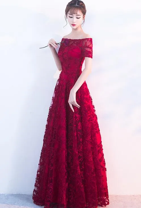 Beautiful Dark Red Lace A-line Long Bridesmaid Dress, Prom Dress 2020