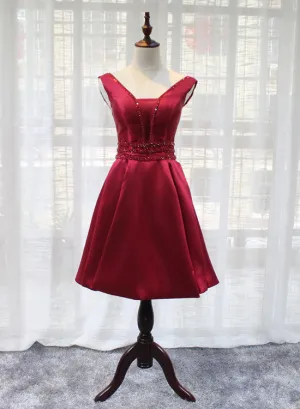 Beautiful Dark Red Satin V-neckline Party Dress, Charming Short Homecoming Dress