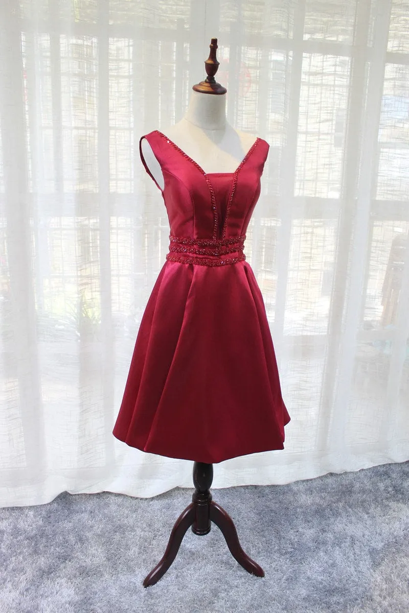 Beautiful Dark Red Satin V-neckline Party Dress, Charming Short Homecoming Dress