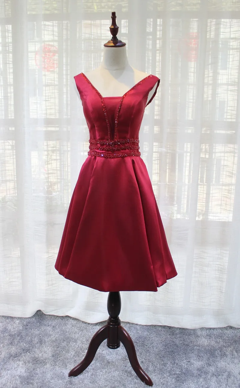 Beautiful Dark Red Satin V-neckline Party Dress, Charming Short Homecoming Dress