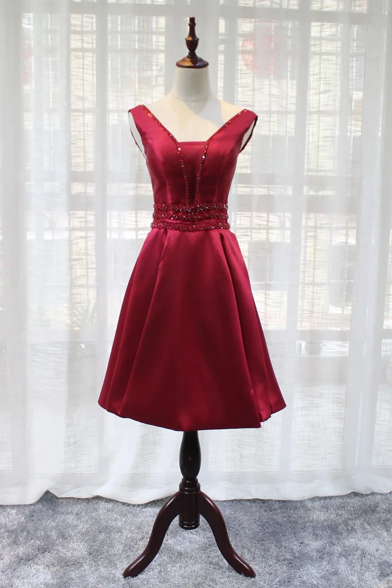 Beautiful Dark Red Satin V-neckline Party Dress, Charming Short Homecoming Dress