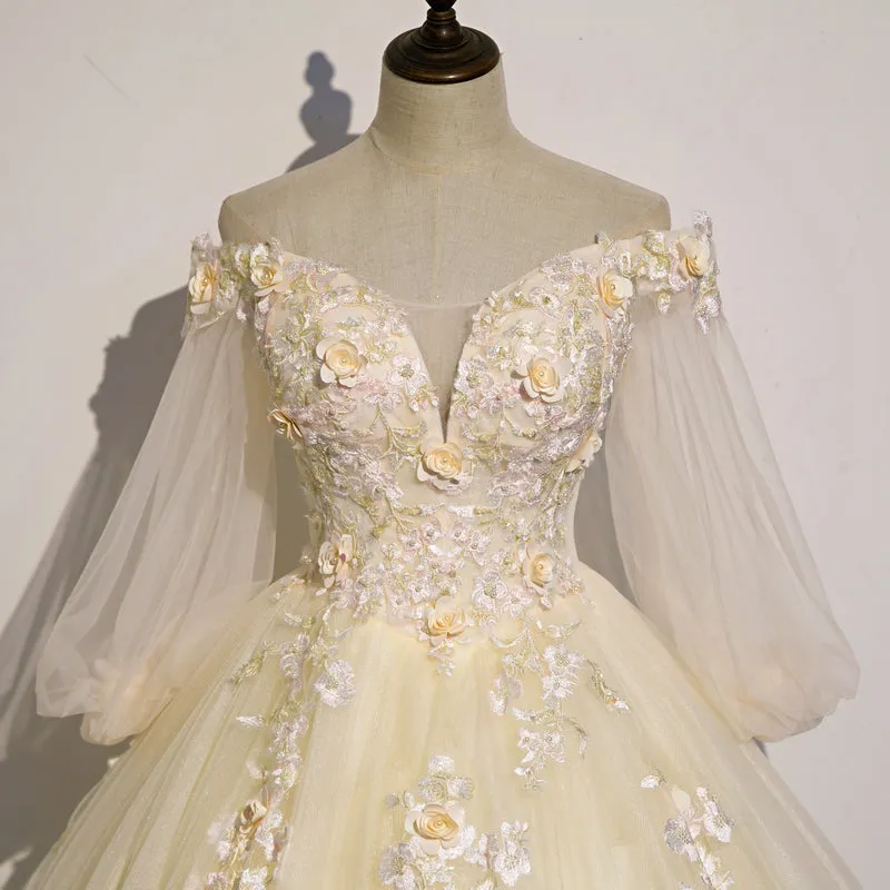 Beautiful Ivory Tulle Long Sleeves Floral Sweet 16 Gown, Party Gowns