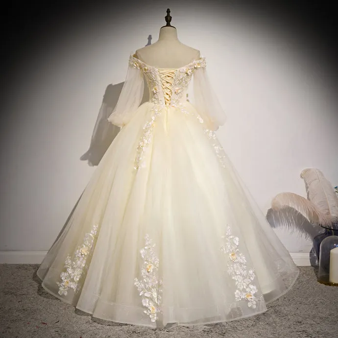 Beautiful Ivory Tulle Long Sleeves Floral Sweet 16 Gown, Party Gowns