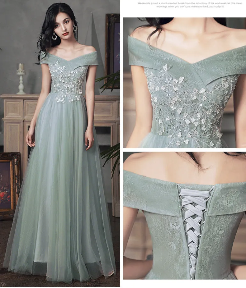 Beautiful Tulle A-line Floor Length Evening Dresses Party Dress, Tulle Party Dress with Lace