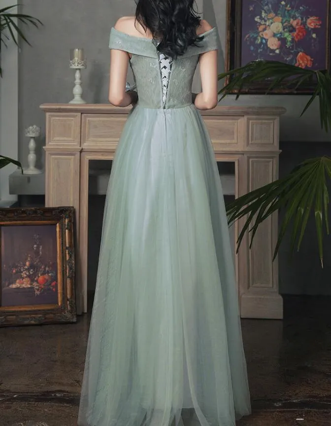 Beautiful Tulle A-line Floor Length Evening Dresses Party Dress, Tulle Party Dress with Lace