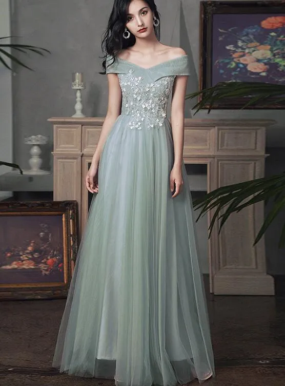 Beautiful Tulle A-line Floor Length Evening Dresses Party Dress, Tulle Party Dress with Lace