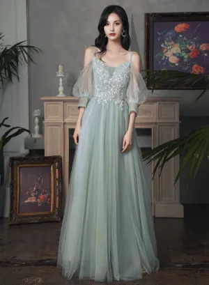 Beautiful Tulle A-line Floor Length Evening Dresses Party Dress, Tulle Party Dress with Lace