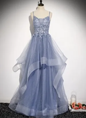 Blue V-neckline Straps Tulle with Lace Applique Party Gown, New Prom Dress