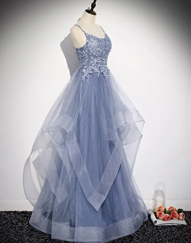 Blue V-neckline Straps Tulle with Lace Applique Party Gown, New Prom Dress