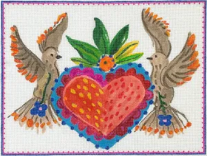 CG-PL-19: Carolyn Gavin – Doves w/ Heart Milagro – multi color (on 13 mesh)