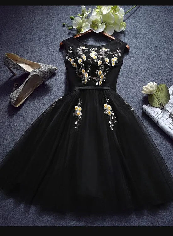 Charming Black Homecoming Dress, Flower Detail Round Neckline Short Prom Dress