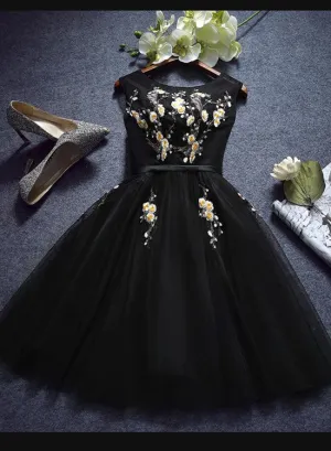 Charming Black Homecoming Dress, Flower Detail Round Neckline Short Prom Dress