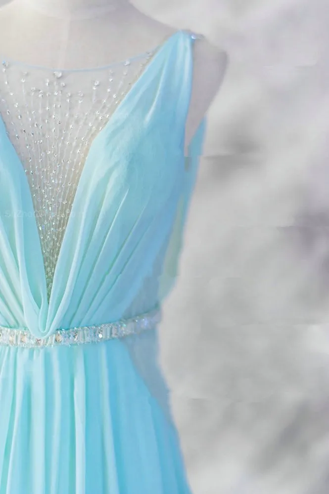 Charming Blue Gorgeous V-neckline Long Party Gowns, Elegant Prom Dresses, Blue Evening Dresses