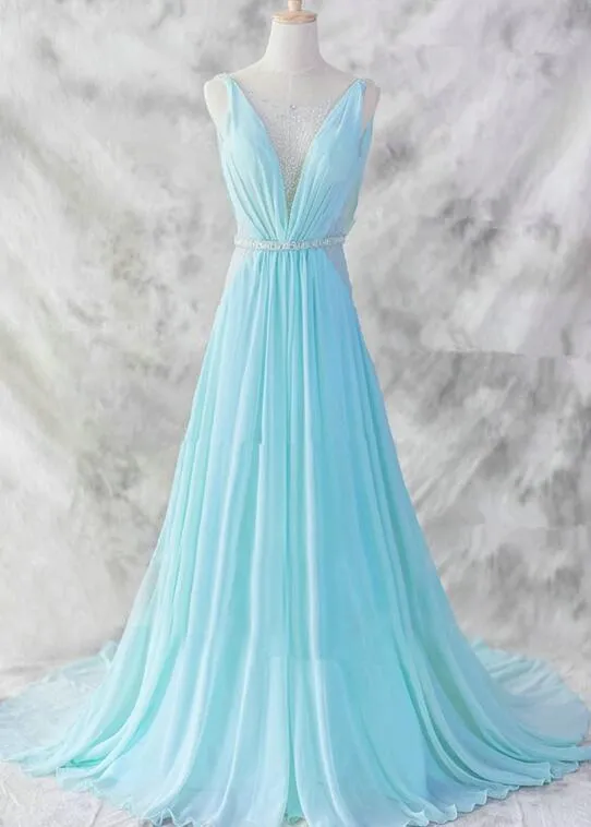 Charming Blue Gorgeous V-neckline Long Party Gowns, Elegant Prom Dresses, Blue Evening Dresses