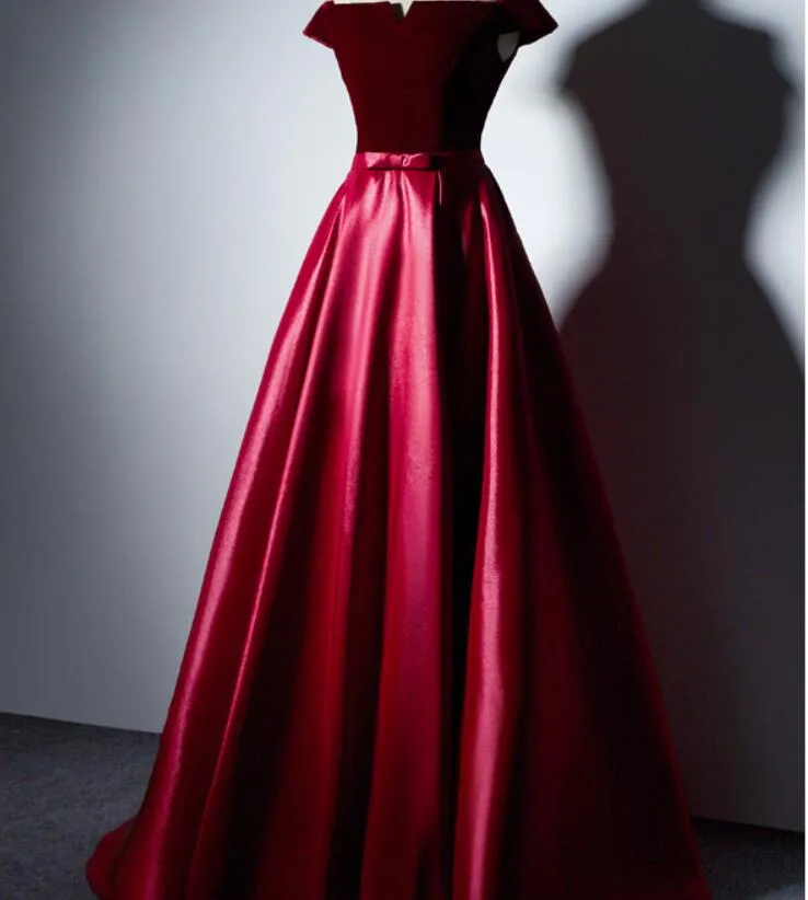 Charming Red Satin Off Shoulder Long Prom Dress with Velvet Bodice, New Style Prom Dress , Junior Prom Dresses