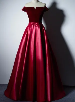 Charming Red Satin Off Shoulder Long Prom Dress with Velvet Bodice, New Style Prom Dress , Junior Prom Dresses