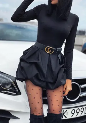 Chic Long-Sleeve Fitted Top and Bubble Skirt Mini Dress