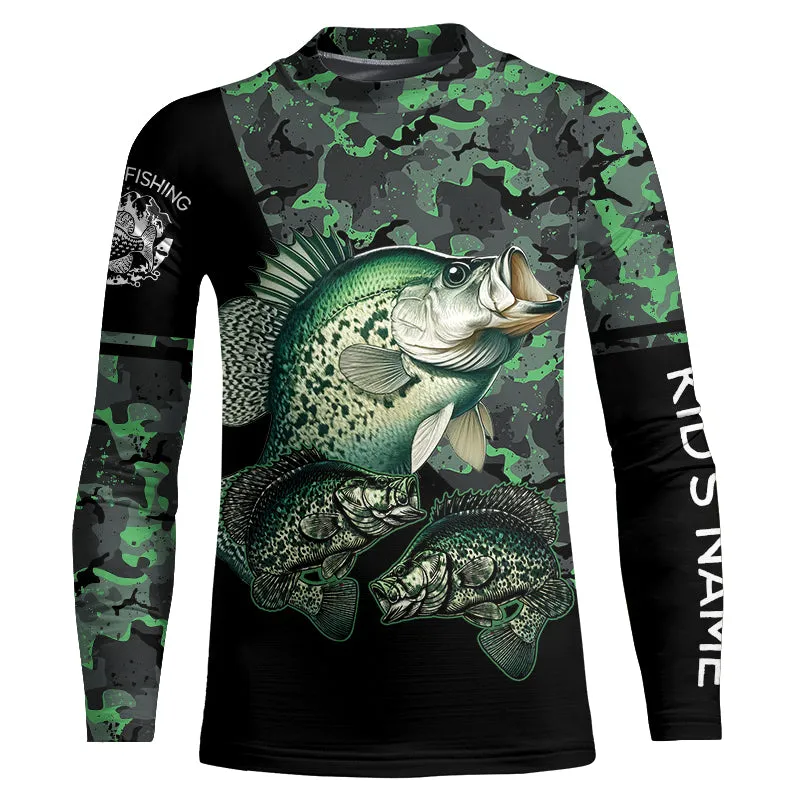 Crappie fishing black green camo Custom name fishing shirts jerseys | Kid Long Sleeves NPQ937