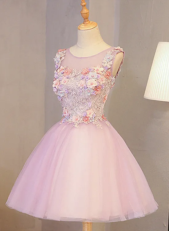 Cute Pink Round Neckline Tulle Party Dress with Flowers, Lovely Formal Dress