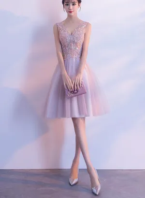 Cute Pink V-neckline Tulle with Lace Applique Wedding Party Dress, Lovely Party Dresses