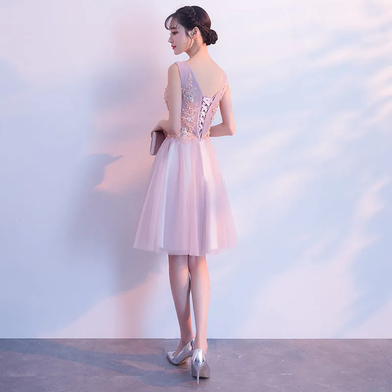 Cute Pink V-neckline Tulle with Lace Applique Wedding Party Dress, Lovely Party Dresses