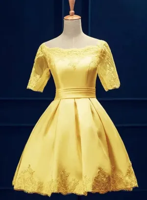 Cute Short Sleeves Satin Knee Length Party Dress, Short Homecoming Dress