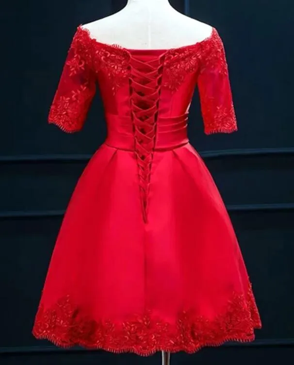 Cute Short Sleeves Satin Knee Length Party Dress, Short Homecoming Dress