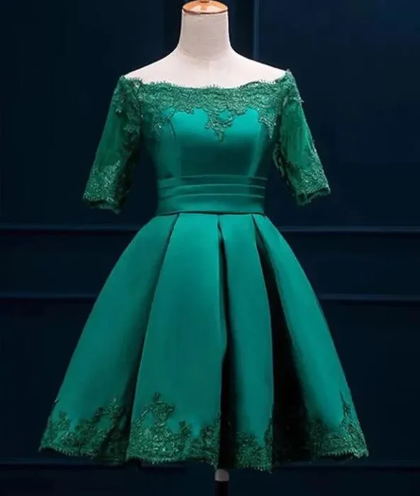 Cute Short Sleeves Satin Knee Length Party Dress, Short Homecoming Dress