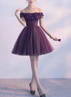 Dark Purple Off Shoulder Knee Length Homecoming Dress , Lovely Formal Dress, Cute Party Dress