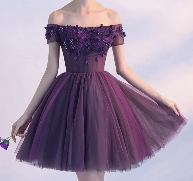 Dark Purple Off Shoulder Knee Length Homecoming Dress , Lovely Formal Dress, Cute Party Dress