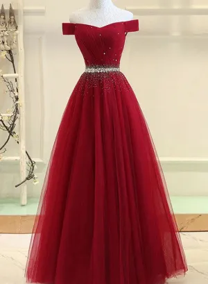 Dark Red Tulle A-line Formal Dress, Red Party Gowns, Prom Dress