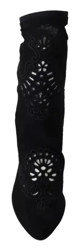 Dolce & Gabbana Black Stretch Pumps Boots Floral Lace Shoes