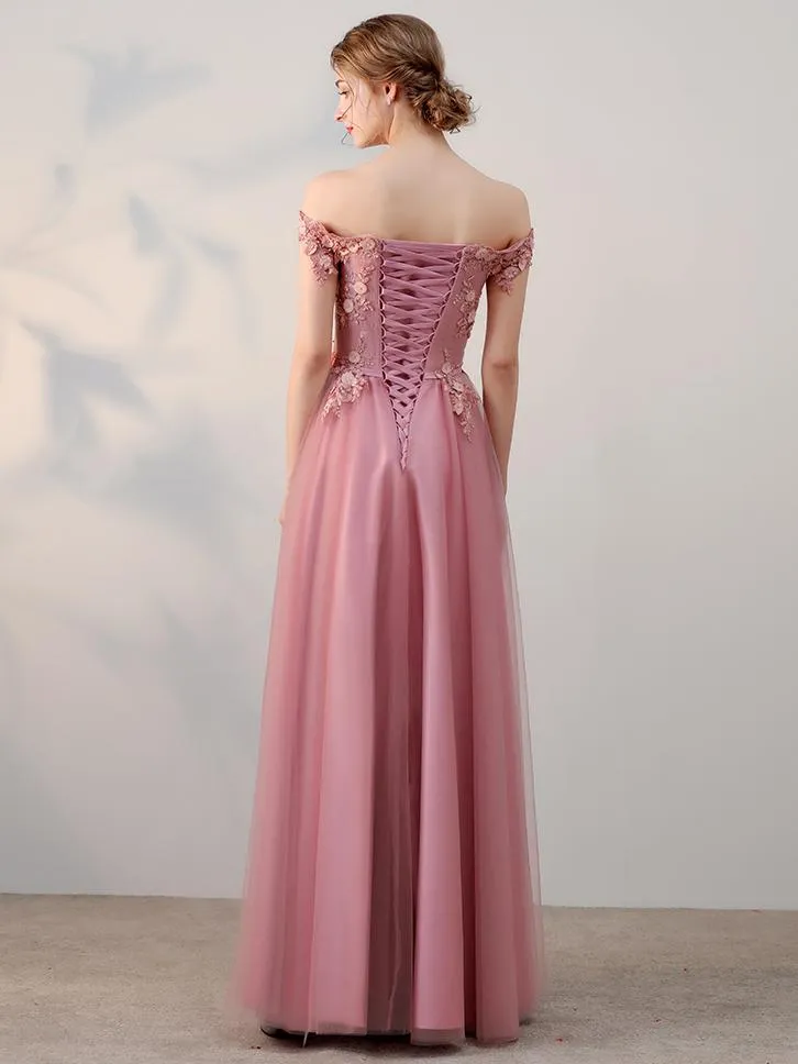 Elegant Pink Tulle Off Shoulder Evening Gowns, Pink One Shoulder Prom Dress, A-line Party Dresses