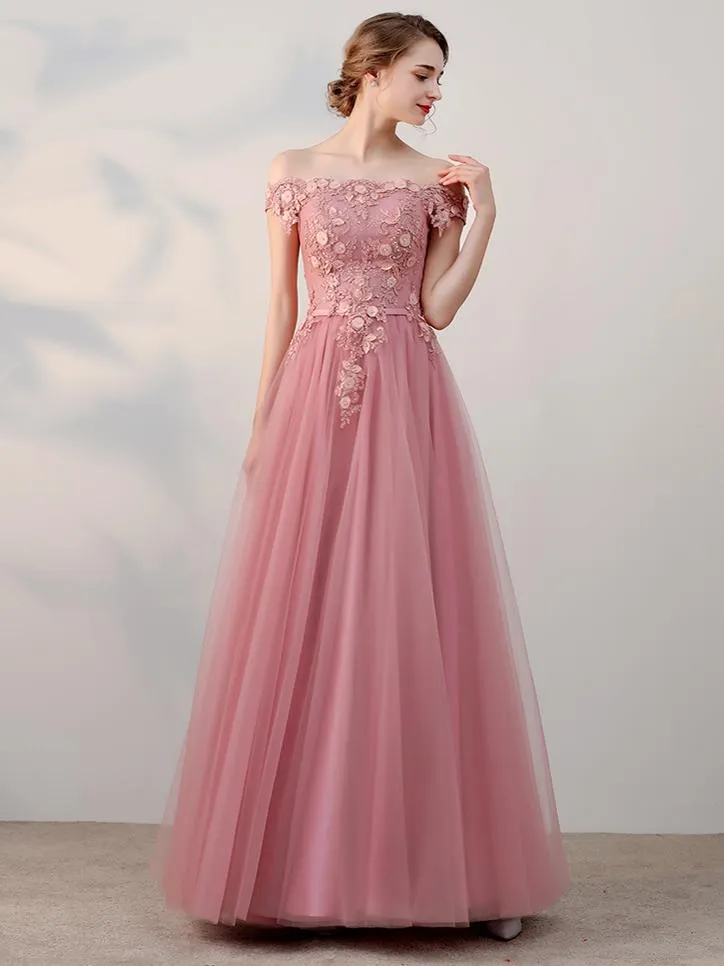 Elegant Pink Tulle Off Shoulder Evening Gowns, Pink One Shoulder Prom Dress, A-line Party Dresses