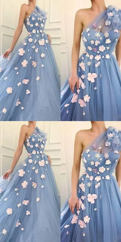 Floral Blue A-line One Shoulder Cheap Long Prom Dresses Online,12794