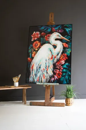 Framed Heron Oil Painting with Flowers