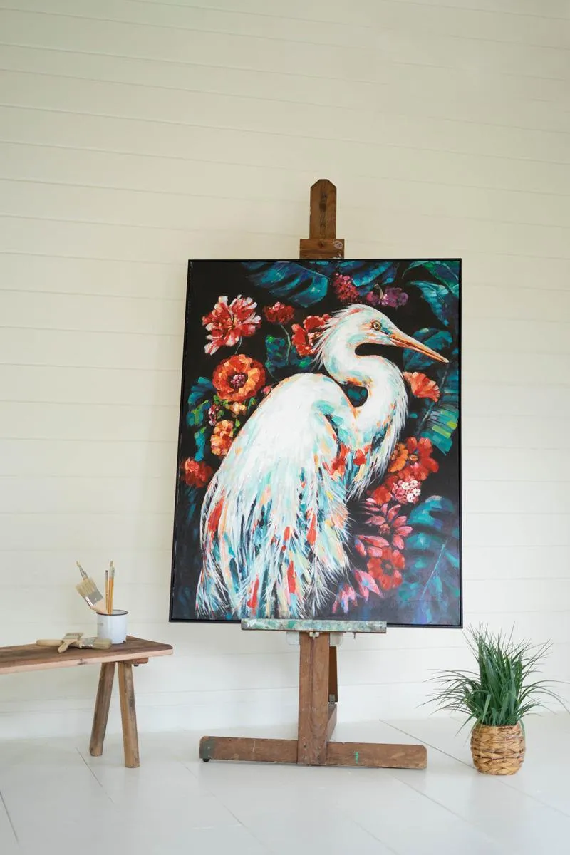 Framed Heron Oil Painting with Flowers