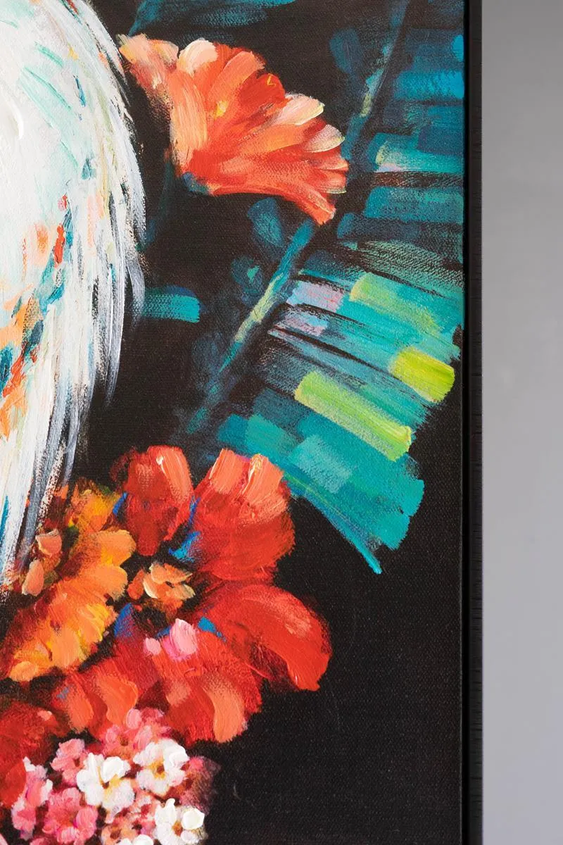 Framed Heron Oil Painting with Flowers