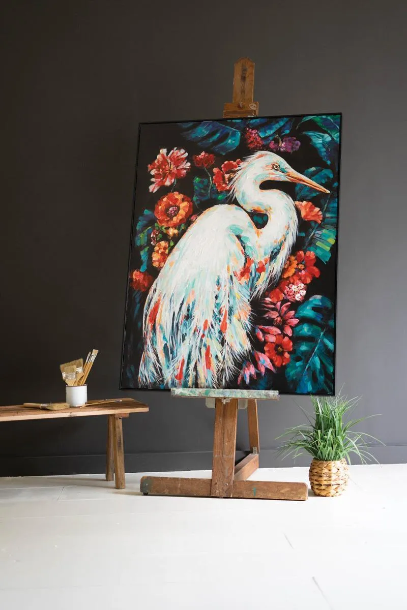 Framed Heron Oil Painting with Flowers